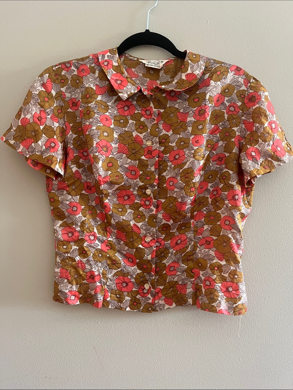 Real Vintage Floral Button-Front Women's Top in Coral and Mustard